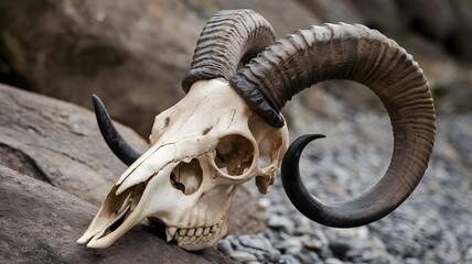 Naklejka premium Close-Up of a Goat Skull Showcasing Unique Horn Curves and Textures 