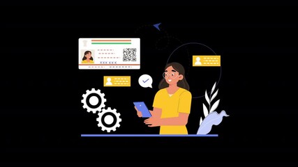 Depict Aadhar operations with flat designs of biometric scans, forms, and secure identity processes.