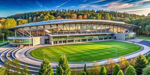Modern Athletic Facility with a Lush Green Field Surrounded by Trees Under a Bright Sky