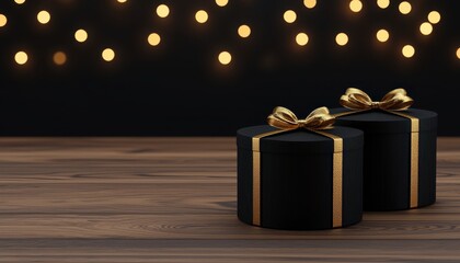 Elegant black gift boxes with golden bows against a festive backdrop of glowing lights.