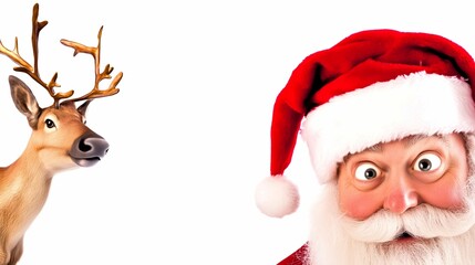 White Christmas background with Santa Claus and reindeer.