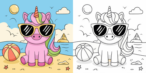 Naklejka premium Cute Unicorn with Sunglasses on the Beach - Coloring Page