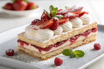 Delicious Layered Cake Slice with Vanilla Cream, Raspberry Coulis, and Fresh Berries on a Pure White Background