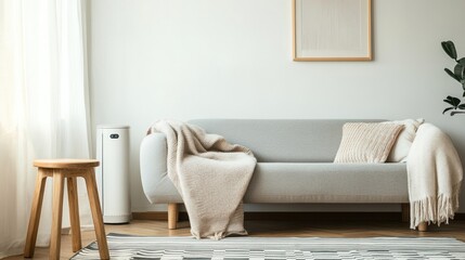 Cozy Living Room Interior Design with a Light Grey Sofa, Wooden Stool, and Neutral Decor