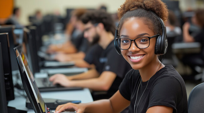 A photograph of an African American female student coding in front of her laptop at the computer lab, wearing glasses and a black shirt. The background is blurred with other studen