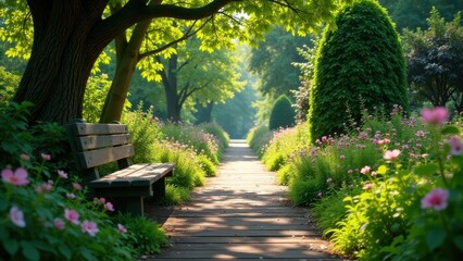 Fototapeta premium Serene Garden Path Wooden Bench Under Lush Tree Canopy, Sunlit Walkway, Blooming Flowers, Tranquil Atmosphere