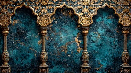Ornate gold arches teal wall background; design