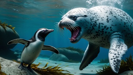 Obraz premium Leopard Seal and Penguin Confrontation