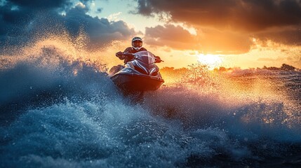A jet ski race across the waves, powerful machines racing through the water, spray flying behind them