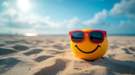 a smiley face emoji with sunglasses sitting on a sandy beach