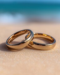 Elegant gold wedding rings resting on sandy beach with ocean view.