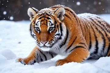 Obraz premium there is a tiger that is laying down in the snow