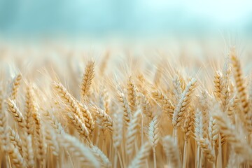 Fototapeta premium Golden wheat field swaying gently under a hazy summer sky, ripe for harvest, ideal for food packaging