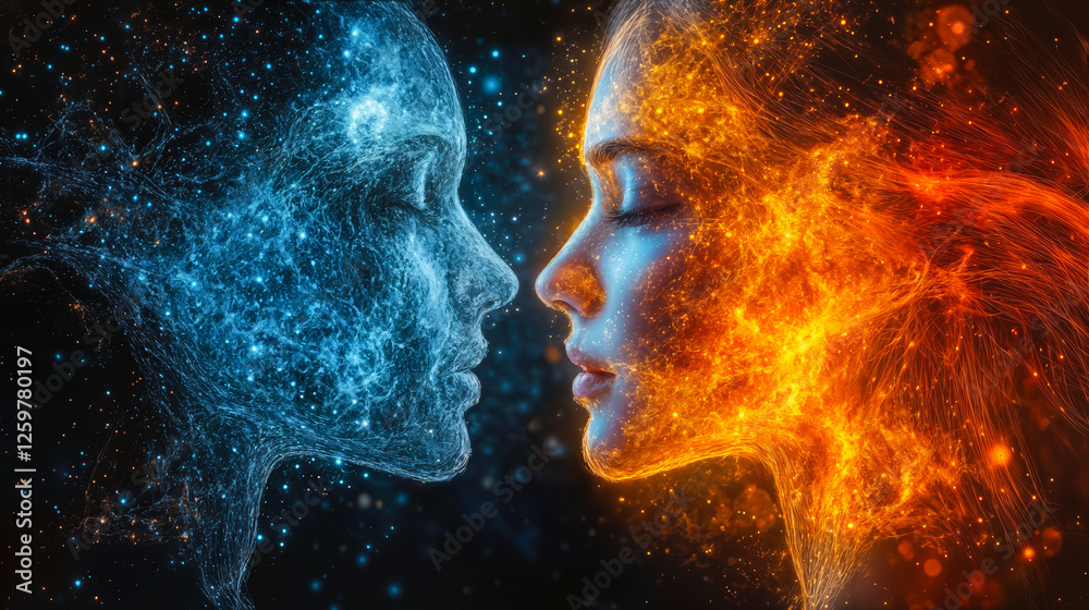 Poster digital art faces symbolizing ai response aggregation in science and technology with futuristic conc