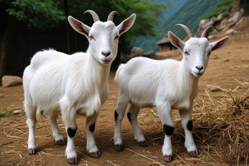 there are two goats standing next to each other on a dirt field