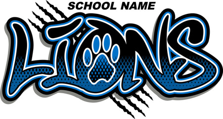 lions team name with paw print for school, college or league sports