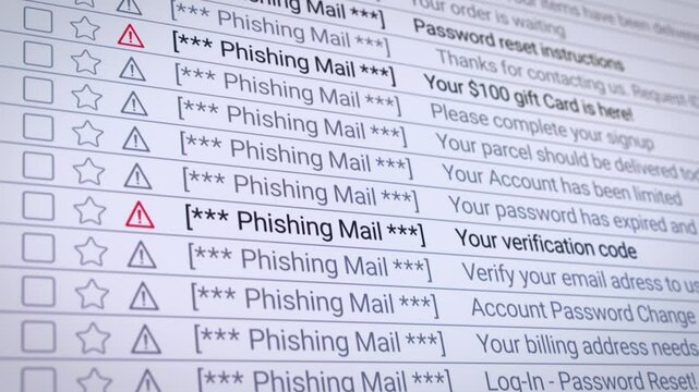 Video animation of a scrolling list in the internet browser with detected phishing emails - seamless loop in close-up.