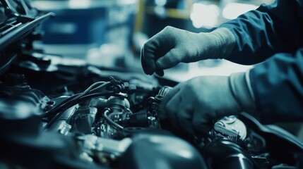 Mechanic repairing a car engine in a garage. Wearing a work uniform and gloves. Emphasizing mechanical skills and garage setup. Suitable for automotive repair guides.