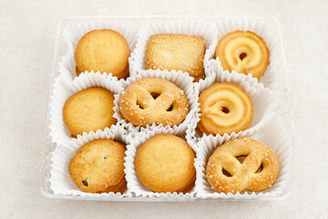 Assorted of danish butter cookies, isolated on a white background. Flat lay
