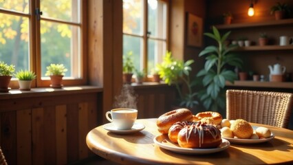 Fototapeta premium Warm morning sunlight streams through a window illuminating a rustic wooden table setting featuring a cup of coffee and an assortment of freshly baked pastries.
