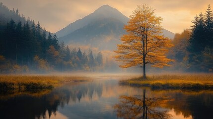 Obraz premium Golden autumn tree by mountain lake at dawn