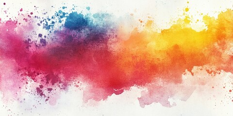 Fototapeta premium Colorful watercolor splash in vibrant hues of red, orange, yellow, blue and purple blending harmoniously on a soft white background.