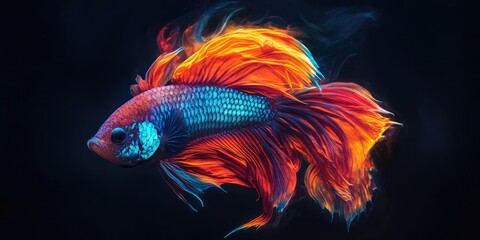 Fototapeta premium Vibrant betta fish swimming gracefully in dark water showcasing bright red and blue colors with flowing fins illuminated by low light ambience