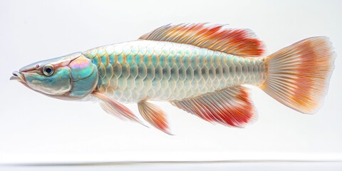 Fototapeta premium Vibrant arowana fish with iridescent scales displaying turquoise and red hues gliding against a white background showcasing detailed fins and body.