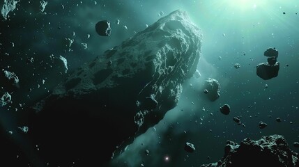 photos of asteroids and asteroid debris in space in blue and brown colors.