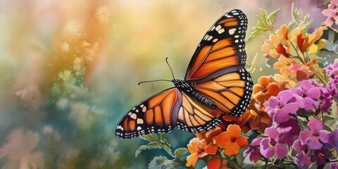 Fototapeta premium Vibrant monarch butterfly perched on colorful flowers with orange, yellow, and green hues in a soft blurred natural background.