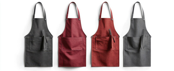 Stylish set of cooking aprons in red and grey colors, perfect for chefs or baristas. Durable fabric with pockets for convenience, ideal for culinary tasks