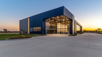 Obraz premium Modern Black Warehouse with Steel Doors at Sunset