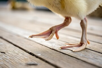 A macro shot of a duckling’s tiny webbed feet, gently standing on a wooden surface.