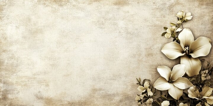 Elegant vintage background featuring soft beige tones with delicate cream flowers on the right side, ideal for funeral notice announcements.