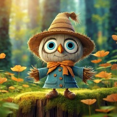 Portrait of a small scarecrow taken in the forest