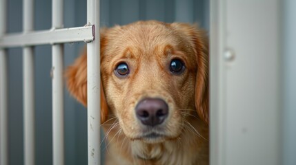 National Puppy Day.Sad dog behind metal bars, looking hopeful and waiting for adoption.