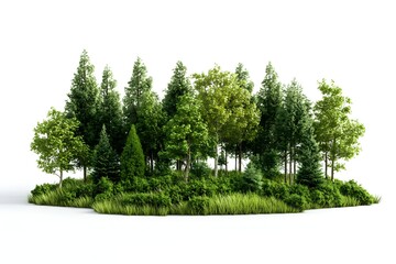 Lush green forest island, isolated white background, environmental design
