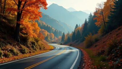 Autumnal Road Winding Through Misty Mountain Valley with Vibrant Foliage