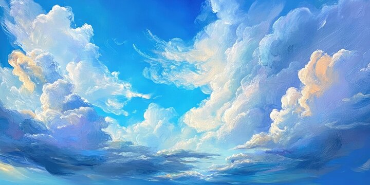 Vibrant pastel clouds in shades of blue and white against a bright azure sky with soft gradients creating a serene and uplifting atmosphere