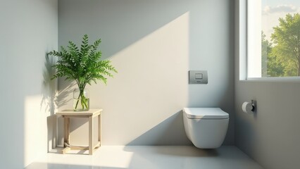 Modern minimalist bathroom interior design featuring a wall-mounted toilet, a small wooden side table, and a vase of greenery, bathed in sunlight.