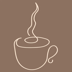 Elegant Beige Line Coffee Cup Vector on Brown Background