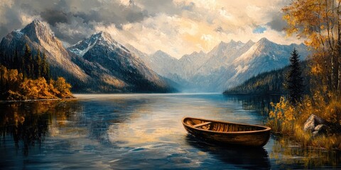 Obraz premium Tranquil lakeside landscape featuring a wooden boat in the foreground with golden autumn trees, majestic mountains, and cloudy sky reflected in calm water.