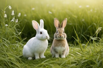 there are two rabbits sitting in the grass together