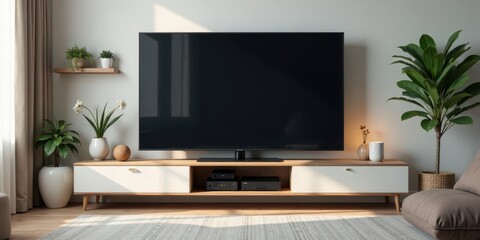 Modern minimalist living room with flat screen television on a light wood media console
