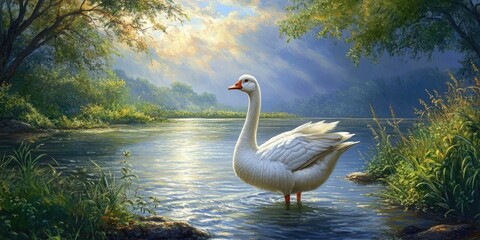Fototapeta premium Majestic white swan standing gracefully in serene blue waters surrounded by lush greenery and sunlit clouds casting soft rays of light.