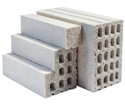 Stack of lightweight concrete blocks on a transparent background