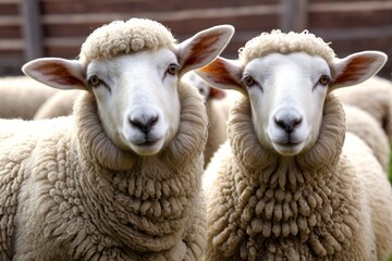 Obraz premium there are two sheep standing in a field with one looking at the camera