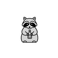 Cartoon Raccoon Holding a Bottle in Minimalist Black and White Style