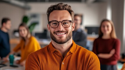 Fototapeta premium Man in an orange shirt is smiling and looking at the camera. He is surrounded by other people in the background