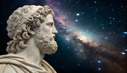 Classic marble bust in profile. Copy space. Ancient meets cosmic with a galaxy-filled background.